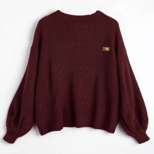 Oversized Chevron Patches Pullover Sweater – Dark Red