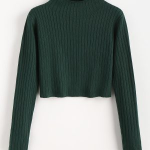 Mock Neck Ribbed Sweater – Deep Green S