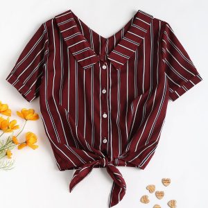 Fold Over Tie Front Striped Casual Shirt – Red Wine M