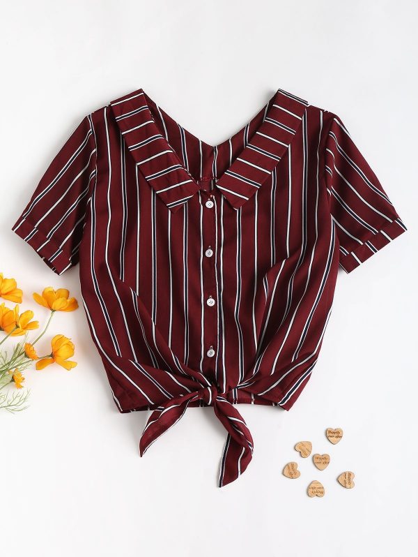 Fold Over Tie Front Striped Casual Shirt