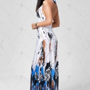 Halter Printed Floor Length Evening Dress – Blue