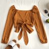Plunging Neck Tied Bowknot Crop Blouse