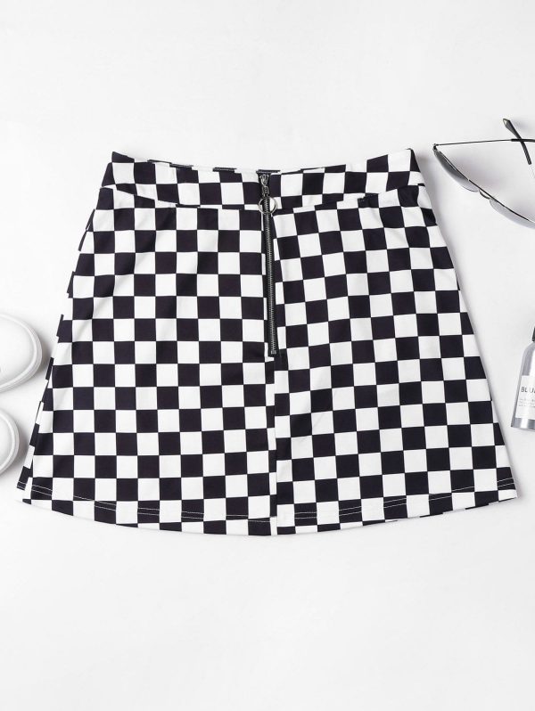 Zip Front Checkered Skirt