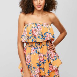 ZAFUL Floral Smocked Layered Strapless Romper