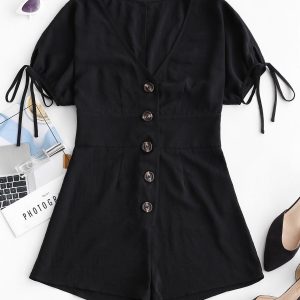 ZAFUL Tied Sleeve Button Up Romper