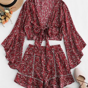 Flare Sleeve Knotted Floral Blouse and Flounce Shorts Set