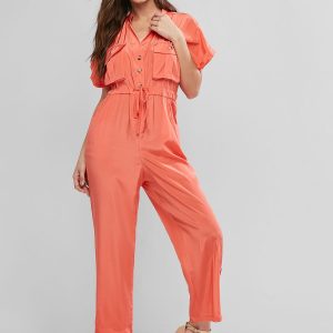 Cuffed Sleeves Buttoned Pockets Drawstring Jumpsuit