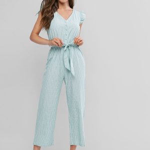 Buttoned Striped Belted Wide Leg Jumpsuit